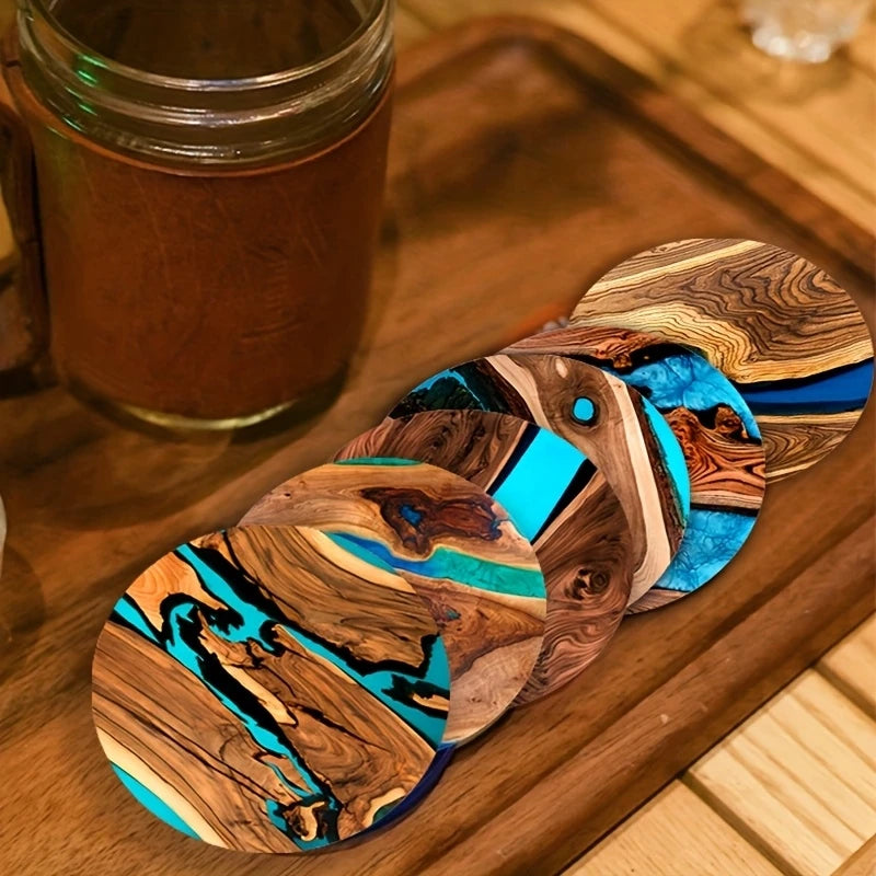 6pcs Vintage Wooden Coasters 2D 4in Tree Pattern with Lake & Desert Designs High-End Home Decor for Coffee Shops & Dining Tables