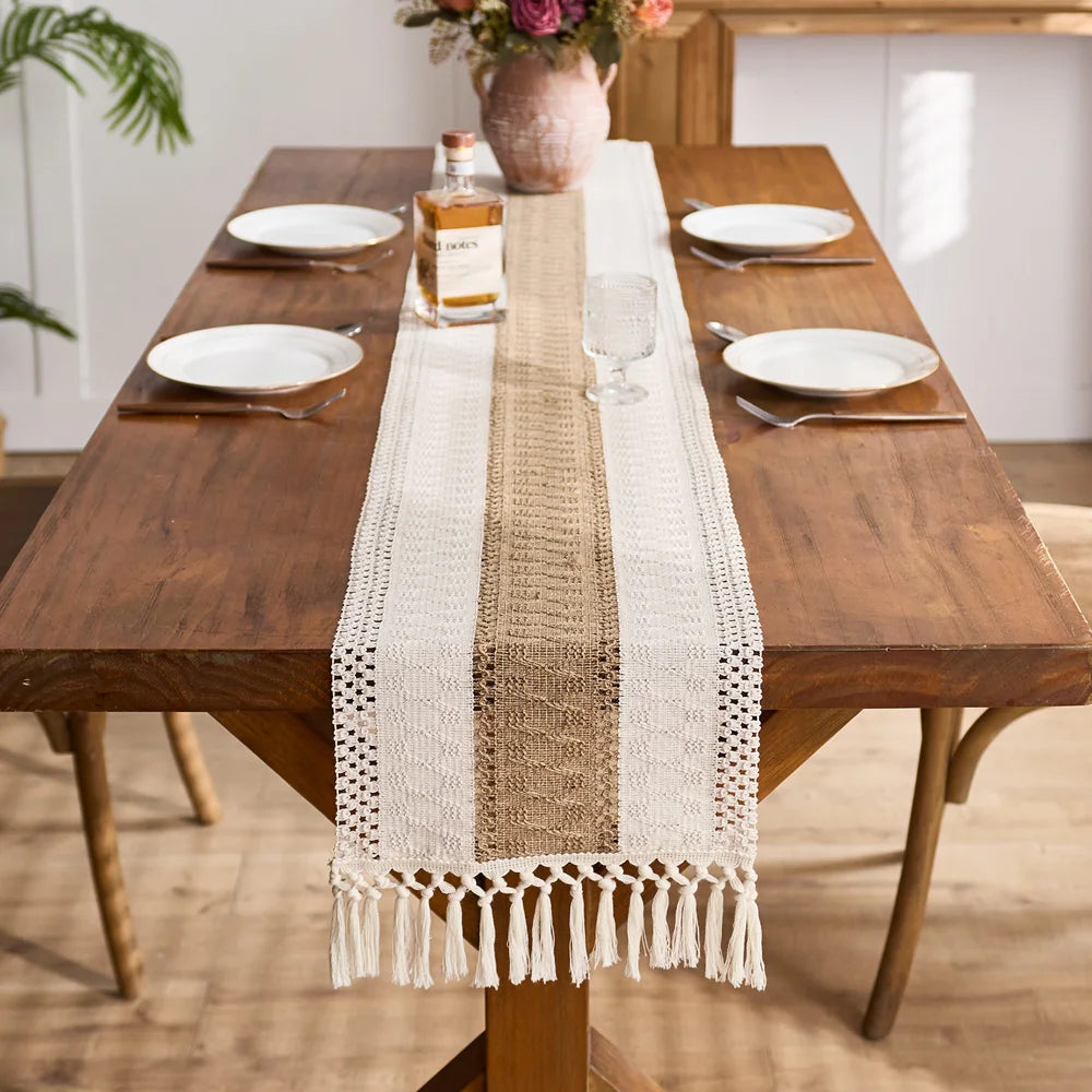 Boho Table Runner for Home Decor Macrame Cream & Brown Farmhouse Table Runner with Tassels for Bohemian Dining Bedroom Decor