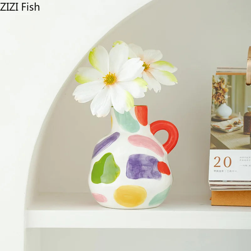 Vaso de cerâmica com listras coloridas, vaso de plantas criativo, decoração de mesa, arranjo de flores, vasos florais, decoração estética de quarto