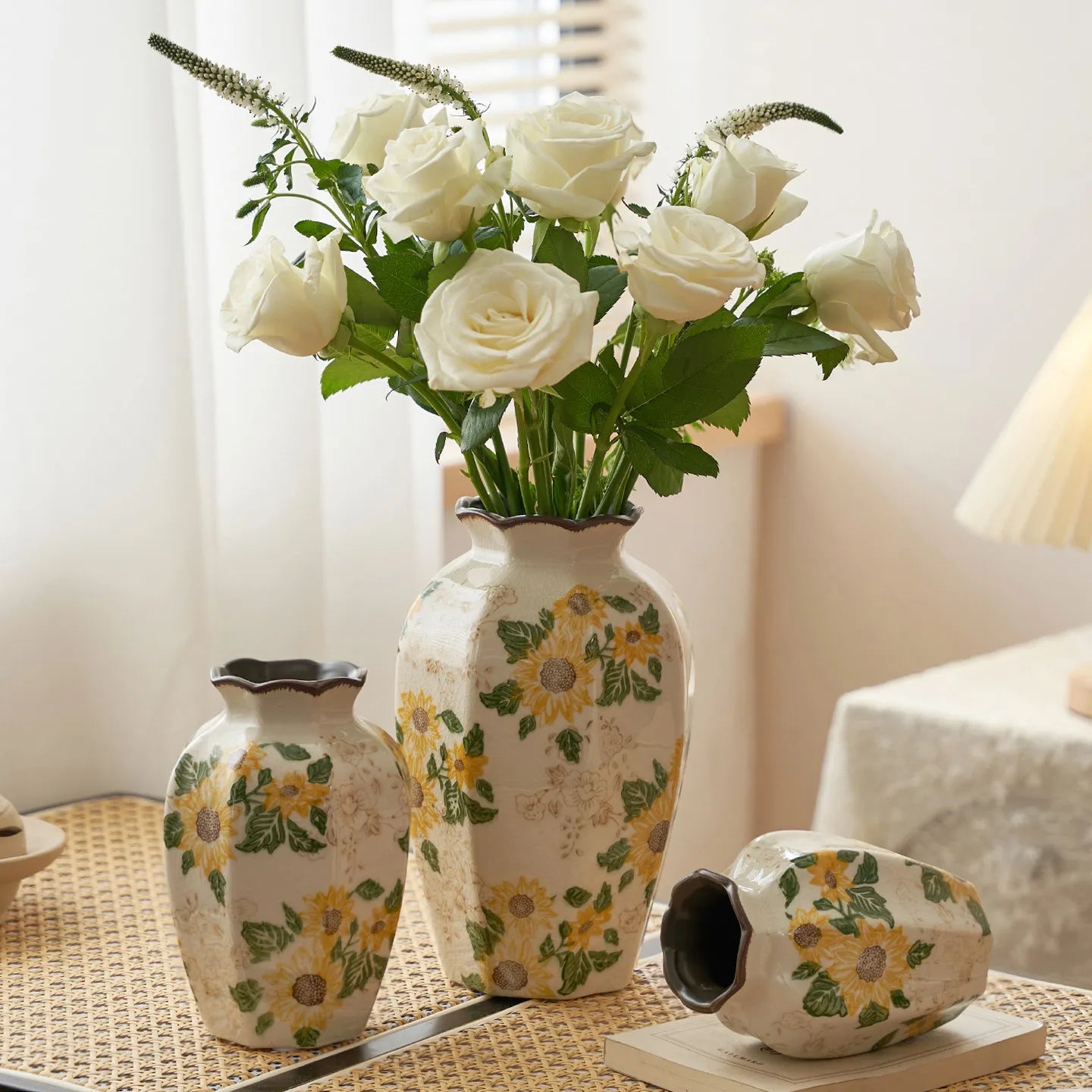 Vasos de Cerâmica Vintage com Efeito Craquelado para Arranjos de Flores (Girassol, Anis Estrelado) – Decoração Estética para Casa, Escritório e Quarto