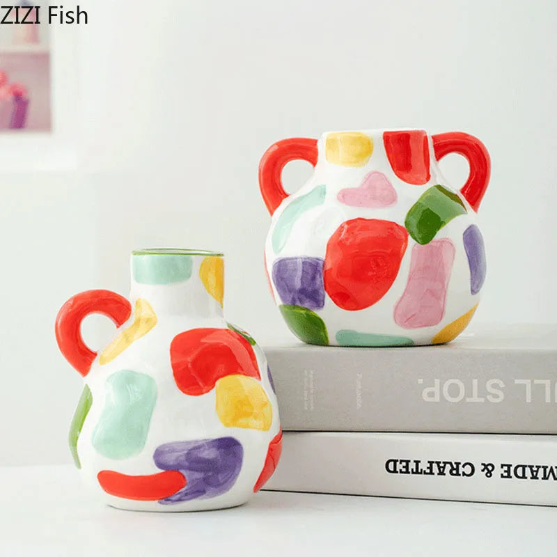 Vaso de cerâmica com listras coloridas, vaso de plantas criativo, decoração de mesa, arranjo de flores, vasos florais, decoração estética de quarto