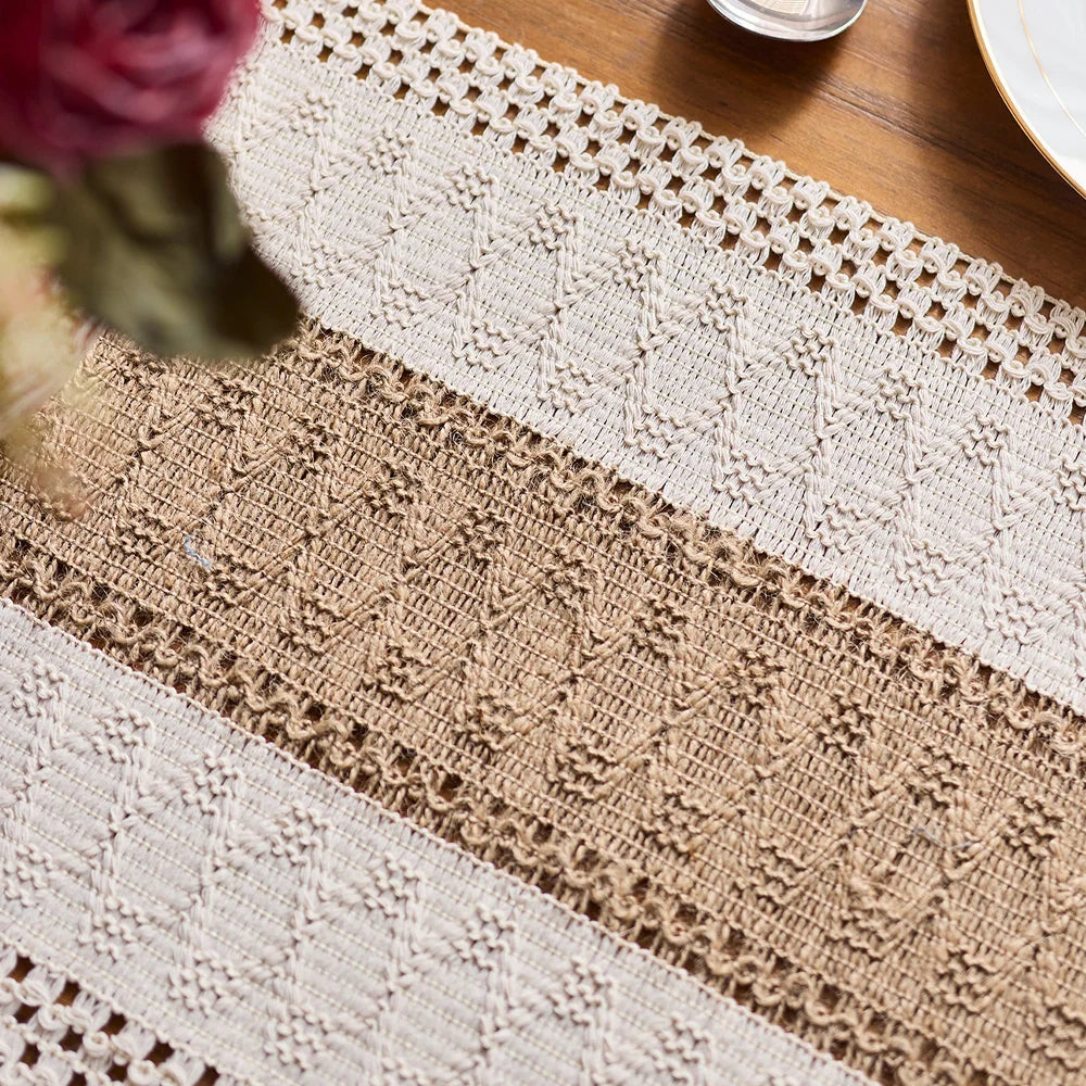 Boho Table Runner for Home Decor Macrame Cream & Brown Farmhouse Table Runner with Tassels for Bohemian Dining Bedroom Decor