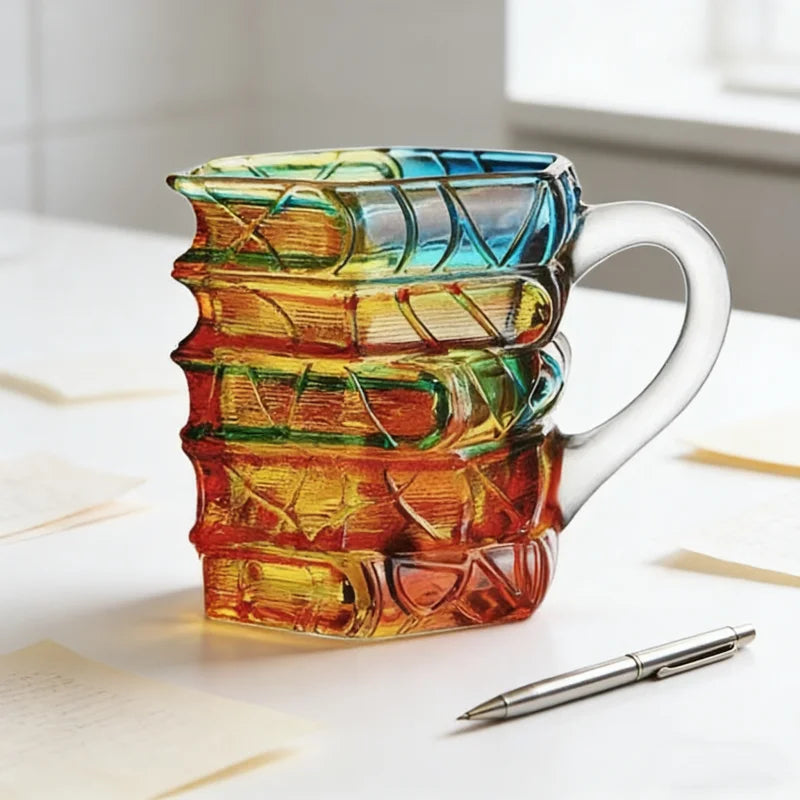 Justinlua caneca de livro pintada irregular, xícara de café, vidro de borosilicato alto, copo para beber com alça, copo de livro, caneca de cerveja, café da manhã