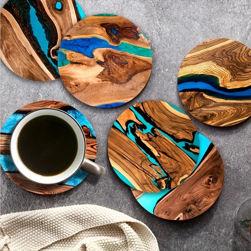 6pcs Vintage Wooden Coasters 2D 4in Tree Pattern with Lake & Desert Designs High-End Home Decor for Coffee Shops & Dining Tables