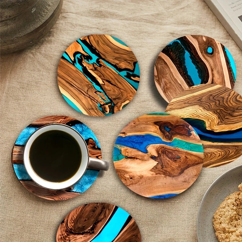 6pcs Vintage Wooden Coasters 2D 4in Tree Pattern with Lake & Desert Designs High-End Home Decor for Coffee Shops & Dining Tables