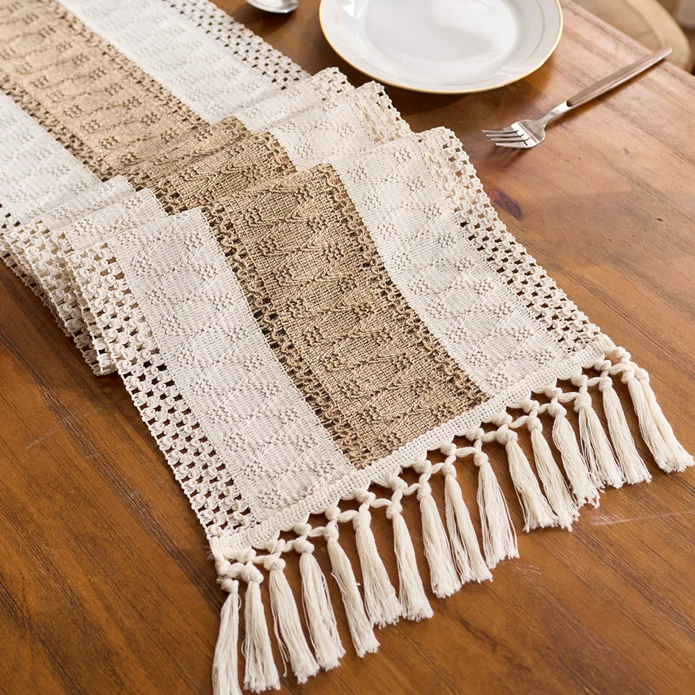 Boho Table Runner for Home Decor Macrame Cream & Brown Farmhouse Table Runner with Tassels for Bohemian Dining Bedroom Decor