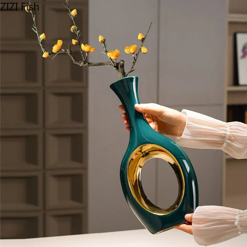 Vaso de cerâmica banhado a ouro oco verde, decoração de mesa, arranjo de flores artificiais, vasos florais, decoração estética de quarto