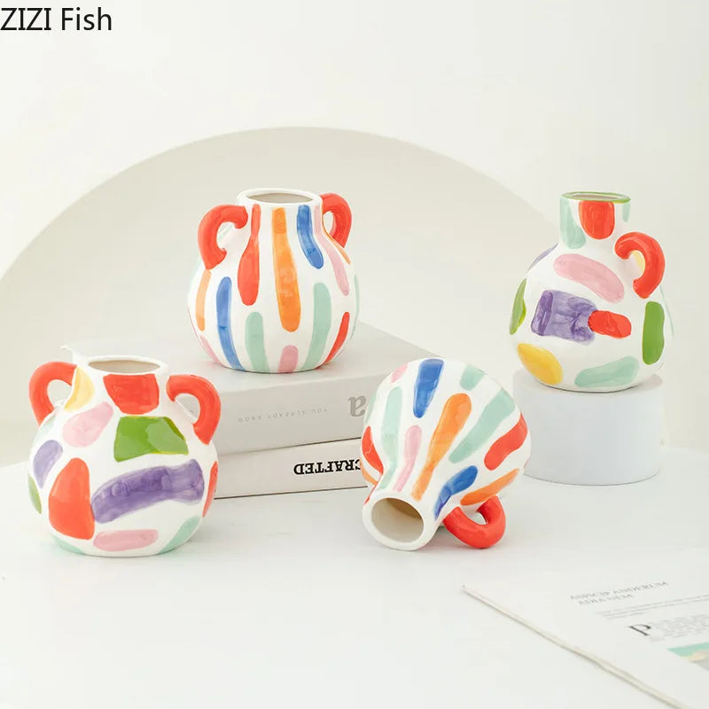 Vaso de cerâmica com listras coloridas, vaso de plantas criativo, decoração de mesa, arranjo de flores, vasos florais, decoração estética de quarto