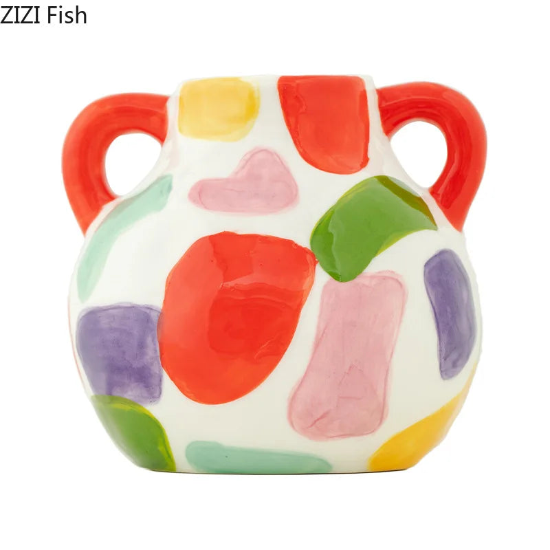 Vaso de cerâmica com listras coloridas, vaso de plantas criativo, decoração de mesa, arranjo de flores, vasos florais, decoração estética de quarto