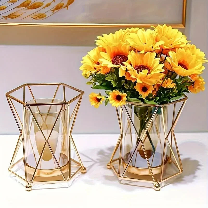 Luxury Wrought Iron Glass Vase - Dining Table Centerpiece, Hydroponic Flower Vase, Geometric Vase & Home Decor
