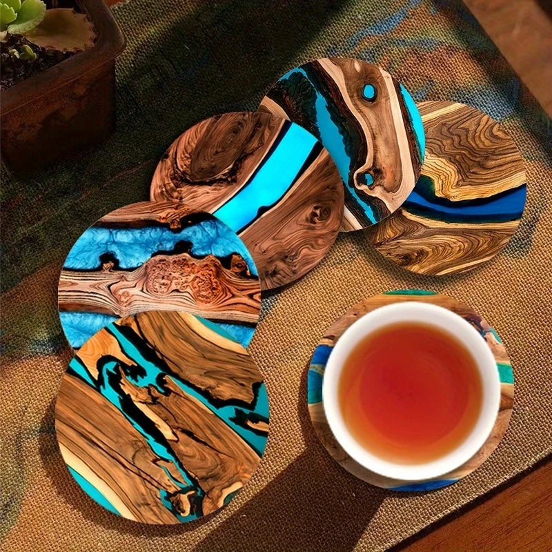 6pcs Vintage Wooden Coasters 2D 4in Tree Pattern with Lake & Desert Designs High-End Home Decor for Coffee Shops & Dining Tables