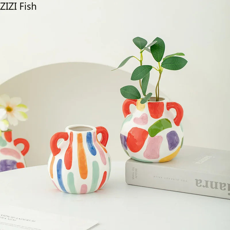 Vaso de cerâmica com listras coloridas, vaso de plantas criativo, decoração de mesa, arranjo de flores, vasos florais, decoração estética de quarto