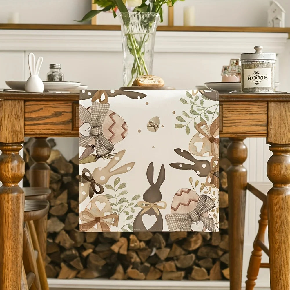 1 Easter Cute Table Runner with Cute Rabbits, Eggs and Branches Painted on Light Background, Suitable for Easter Family Gatherings, Parent-Child Activities, Theme Parties, Pastoral B&Bs, Kidsren's Restaurants, Handicraft Markets, Spring Picnics, Home Decorations