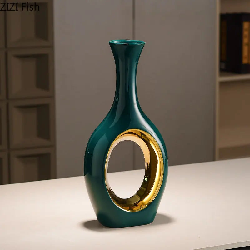 Vaso de cerâmica banhado a ouro oco verde, decoração de mesa, arranjo de flores artificiais, vasos florais, decoração estética de quarto