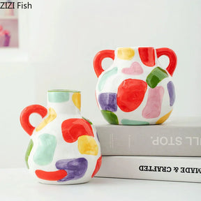 Vaso de cerâmica com listras coloridas, vaso de plantas criativo, decoração de mesa, arranjo de flores, vasos florais, decoração estética de quarto