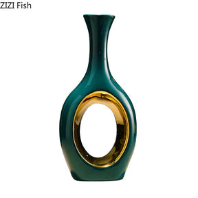 Vaso de cerâmica banhado a ouro oco verde, decoração de mesa, arranjo de flores artificiais, vasos florais, decoração estética de quarto