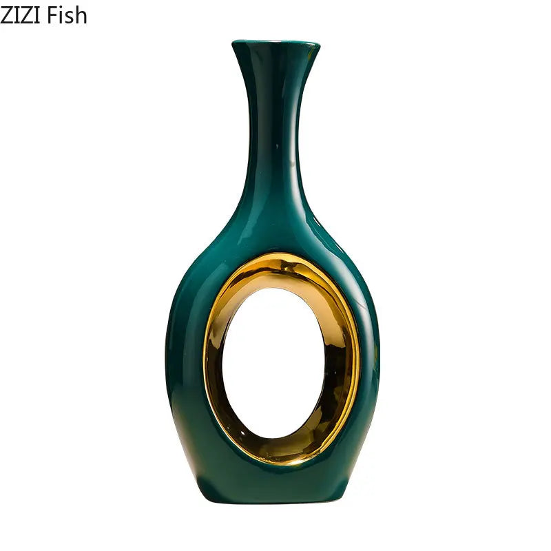 Vaso de cerâmica banhado a ouro oco verde, decoração de mesa, arranjo de flores artificiais, vasos florais, decoração estética de quarto