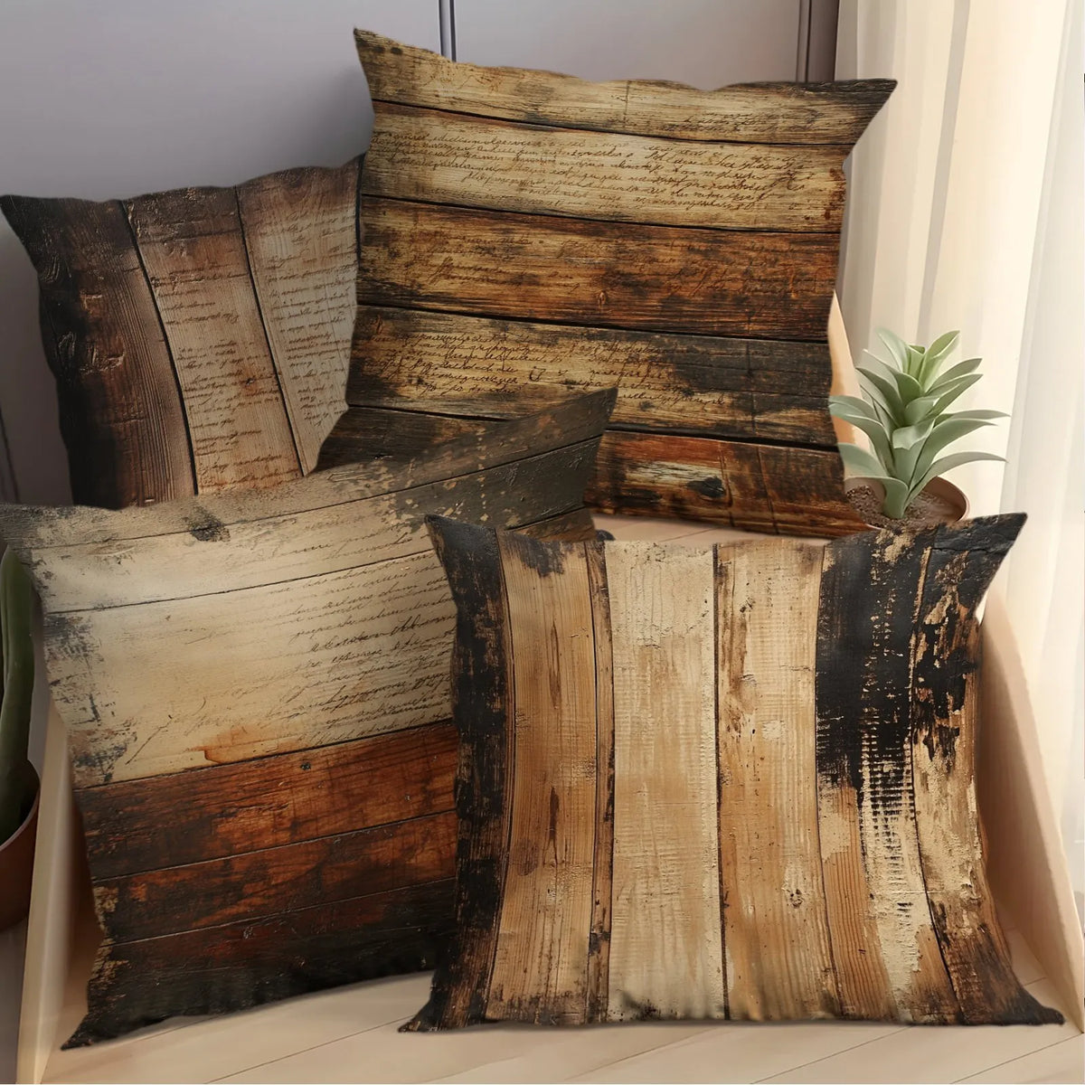 4-Pack Rustic Wood Grain Decorative Pillow Covers, Super Soft Single-Sided Print Cushion Cases for Sofa,Car and Home Party Decor