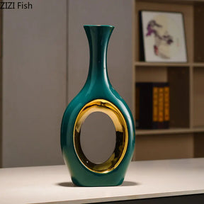 Vaso de cerâmica banhado a ouro oco verde, decoração de mesa, arranjo de flores artificiais, vasos florais, decoração estética de quarto