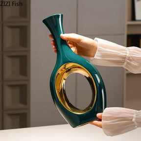 Vaso de cerâmica banhado a ouro oco verde, decoração de mesa, arranjo de flores artificiais, vasos florais, decoração estética de quarto