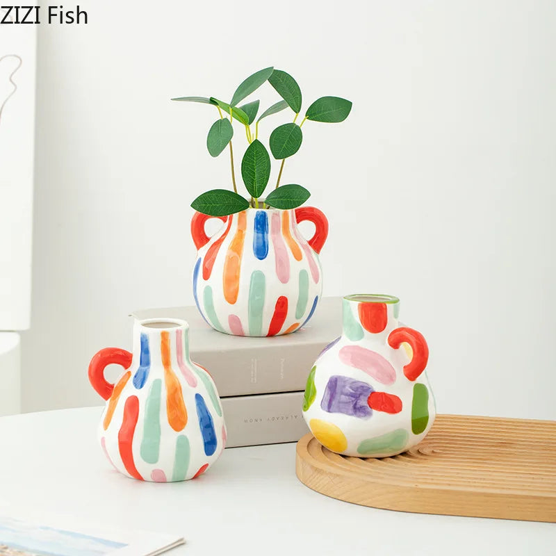 Vaso de cerâmica com listras coloridas, vaso de plantas criativo, decoração de mesa, arranjo de flores, vasos florais, decoração estética de quarto