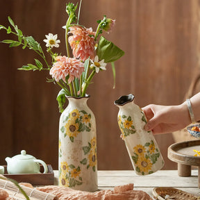 Vasos de Cerâmica Vintage com Pintura Manual de Girassol, Esmalte Craquelado e Borda Ondulada, para Decoração de Mesa Doméstica e Centro de Mesa de Casamento