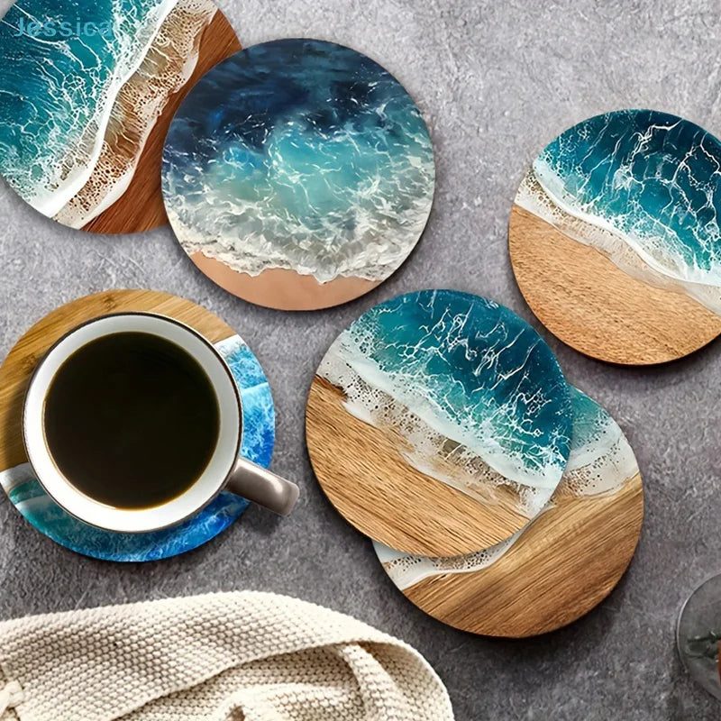 ♥Ocean Wave & Wood Grain Coasters Set  Heat-Resistant Drink Coasters for Coffee/Tea Mugs, Beach Theme Home Decor