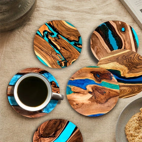 6pcs Vintage Wooden Coasters 2D 4in Tree Pattern with Lake & Desert Designs High-End Home Decor for Coffee Shops & Dining Tables
