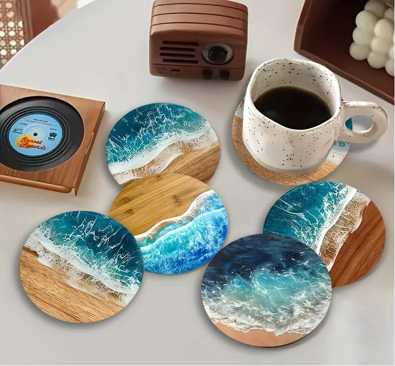 ♥Ocean Wave & Wood Grain Coasters Set  Heat-Resistant Drink Coasters for Coffee/Tea Mugs, Beach Theme Home Decor
