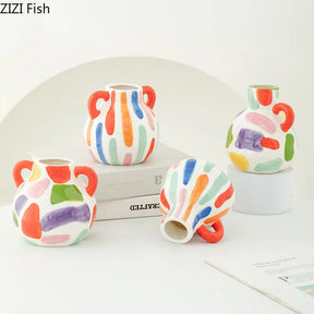 Vaso de cerâmica com listras coloridas, vaso de plantas criativo, decoração de mesa, arranjo de flores, vasos florais, decoração estética de quarto