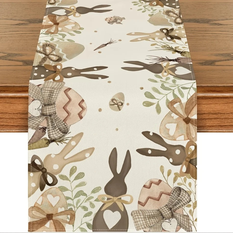 1 Easter Cute Table Runner with Cute Rabbits, Eggs and Branches Painted on Light Background, Suitable for Easter Family Gatherings, Parent-Child Activities, Theme Parties, Pastoral B&Bs, Kidsren's Restaurants, Handicraft Markets, Spring Picnics, Home Decorations