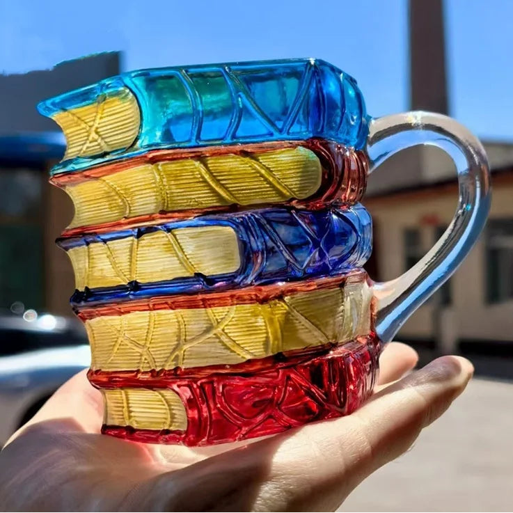 Justinlua caneca de livro pintada irregular, xícara de café, vidro de borosilicato alto, copo para beber com alça, copo de livro, caneca de cerveja, café da manhã