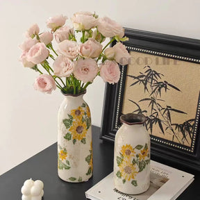 Vasos de Cerâmica Vintage com Pintura Manual de Girassol, Esmalte Craquelado e Borda Ondulada, para Decoração de Mesa Doméstica e Centro de Mesa de Casamento