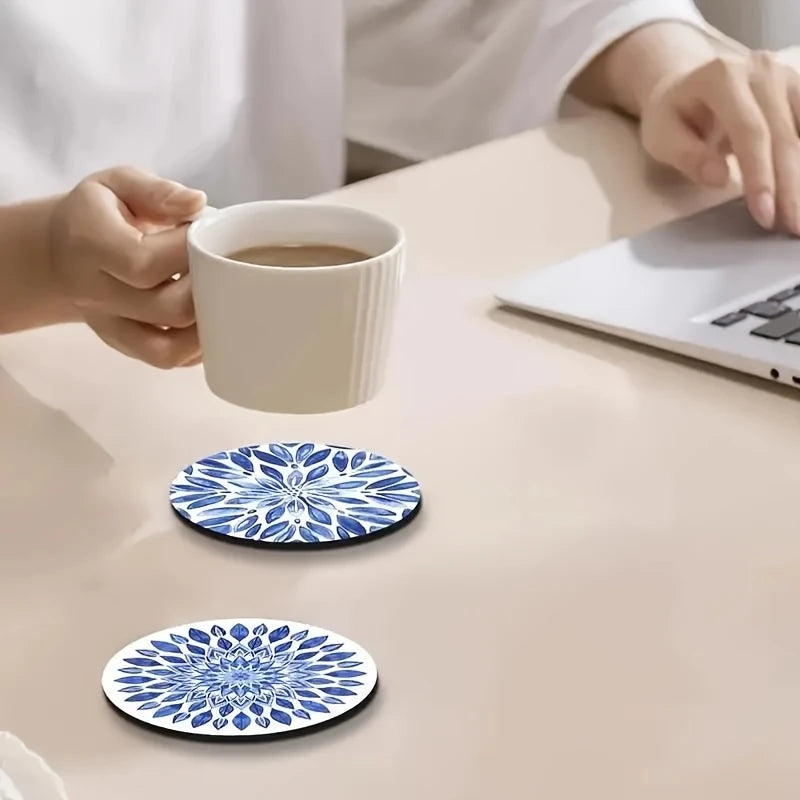 Chinese Style Blue and White Porcelain Wood Mandala Flower Round Coasters Anti-hot Home Office Restaurant Cafe Table Decoration